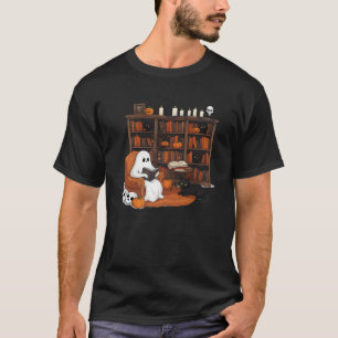 Retro Ghost Reading Books Librarian Ghost Black Ca T-Shirt