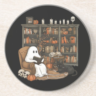 Retro Ghost Reading Books, Librarian Ghost Coaster