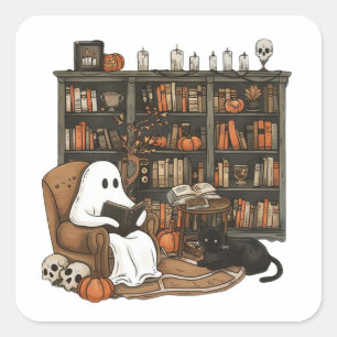 Retro Ghost Reading Books, Librarian Ghost  Square Sticker