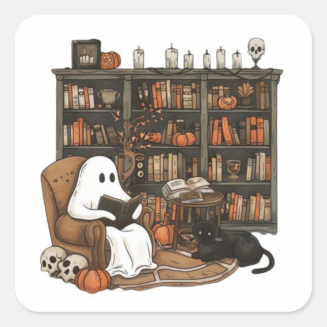 Retro Ghost Reading Books, Librarian Ghost  Square Sticker (Front)