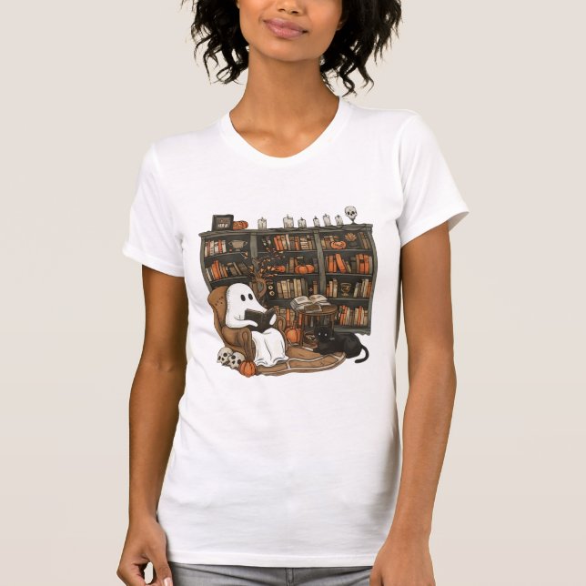 Retro Ghost Reading Books, Librarian Ghost  T-Shirt (Front)