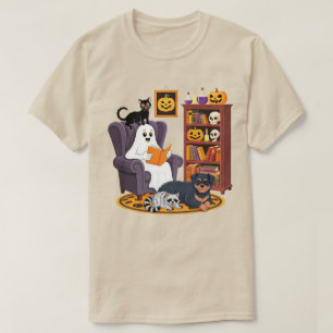 Retro Ghost Reading Books with Black Cat Racoon T-Shirt