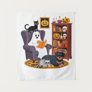 Retro Ghost Reading Books with Black Cat Racoon Tapestry