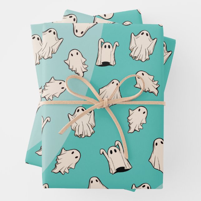 Retro Ghosts Blue Halloween Wrapping Paper Sheet (In situ)