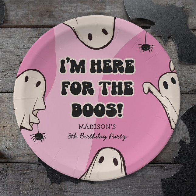 Retro Ghosts Pink Halloween Birthday Party Paper Plate (Creator Uploaded)