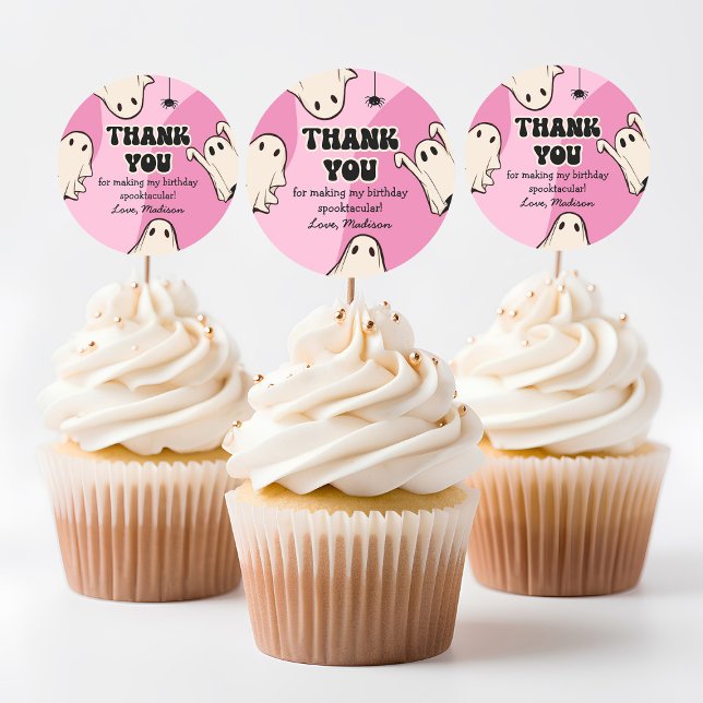 Retro Ghosts Pink Halloween Thank You Classic Round Sticker (Creator Uploaded)