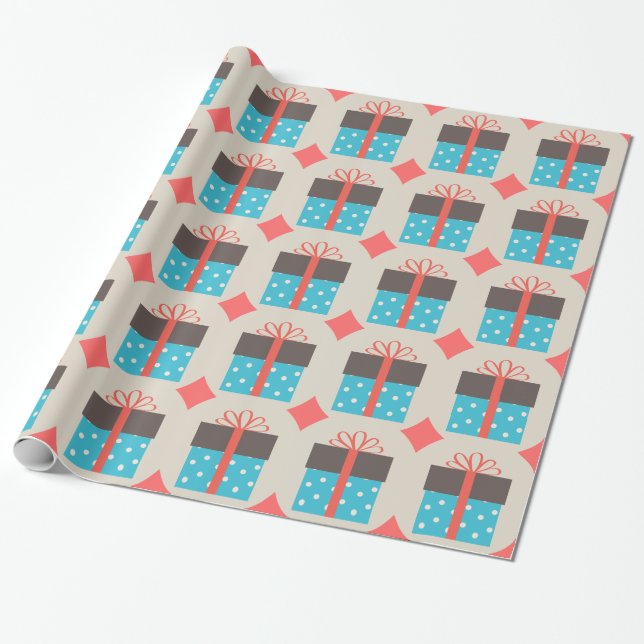 Retro Gift Box Blue And Brown Wrapping Paper (Unrolled)