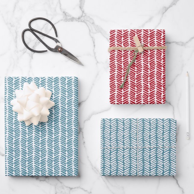 Retro Gift Wrap With Dark Red Teal Blue Zigzag Art (Front)