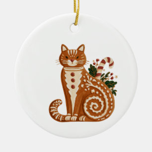 Retro Gingerbread Cat with Candy Cane Ceramic Tree Decoration