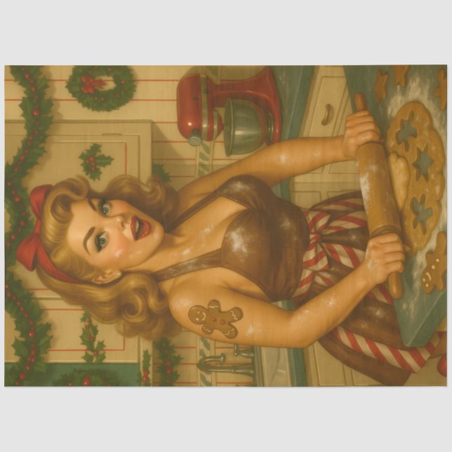 Retro Gingerbread Christmas Pin-Up Decoupage Tissue Paper (Front)