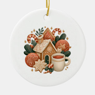 Retro Gingerbread House with Cocoa and Cookies Ceramic Tree Decoration
