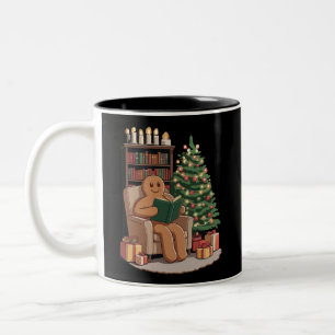 Retro Gingerbread Reading Books Christmas Teacher Two-Tone Coffee Mug