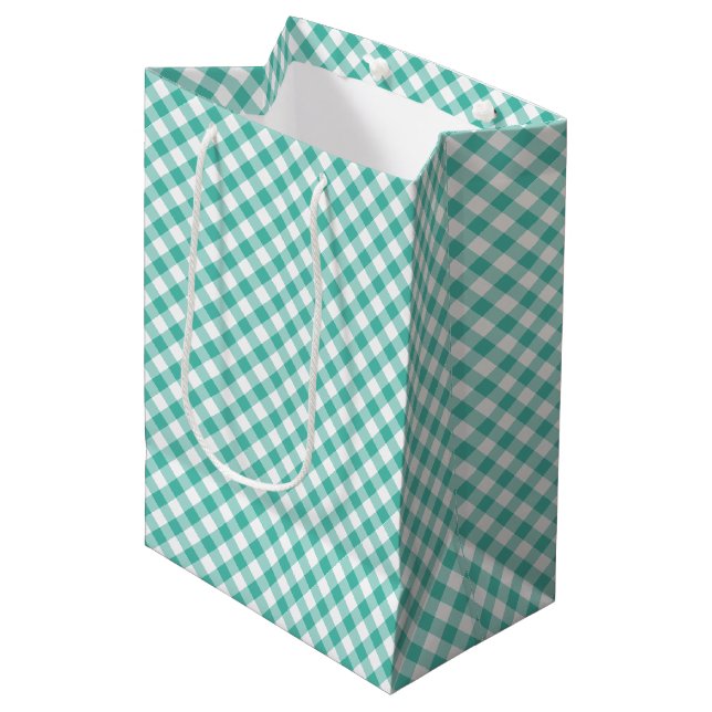 Retro Gingham Blue Grass Green Medium Gift Bag (Front Angled)