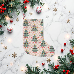 Retro Gingham Christmas Tree Personalized Small Christmas Stocking