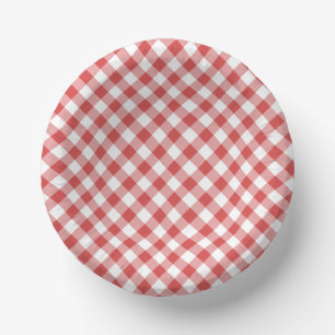 Retro Gingham Coral Red Paper Plate