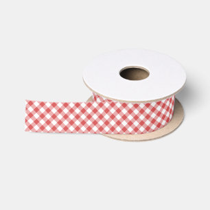 Retro Gingham Coral Red Satin Ribbon