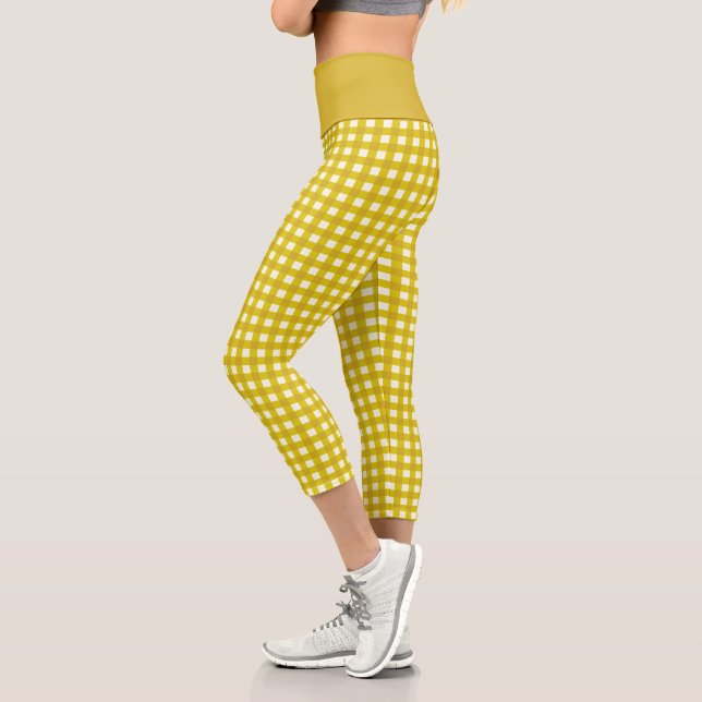 Retro Gingham Plaid in Mustard Yellow  Capri Leggings (Left)