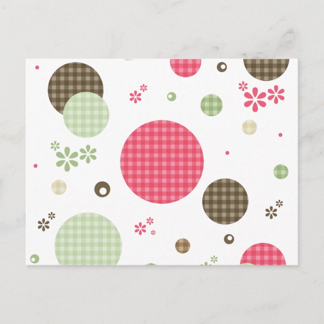 Retro Gingham Polka Dots and Daisies Postcard (Front)