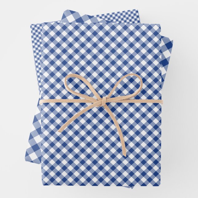 Retro Gingham True Blue Wrapping Paper Sheet (In situ)