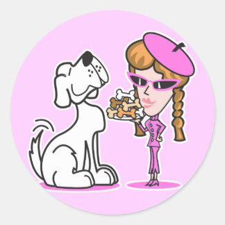 retro girl and pet dog classic round sticker