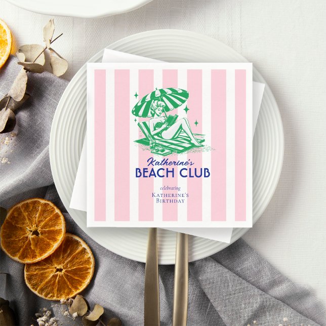 Retro Girl Beach Club Pink Stripes Birthday Napkin (Creator Uploaded)