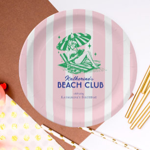 Retro Girl Beach Club Pink Stripes Birthday Party Paper Plate