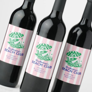 Retro Girl Beach Club Pink Stripes Birthday Party Wine Label