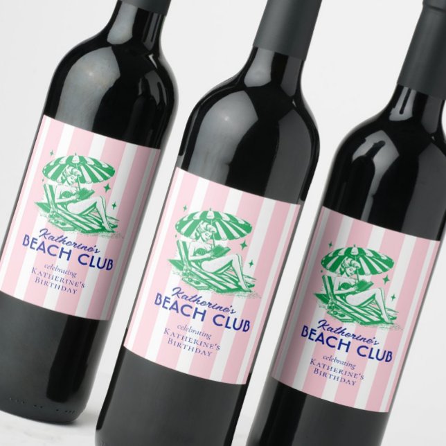 Retro Girl Beach Club Pink Stripes Birthday Party Wine Label (Creator Uploaded)