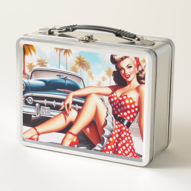 Retro Girl Classic Pin Up Metal Lunch Box (Front)