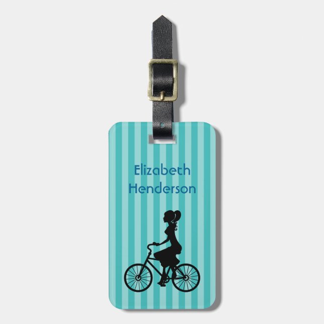 Retro Girl Cyclist Silhouette Luggage Tag (Front Vertical)