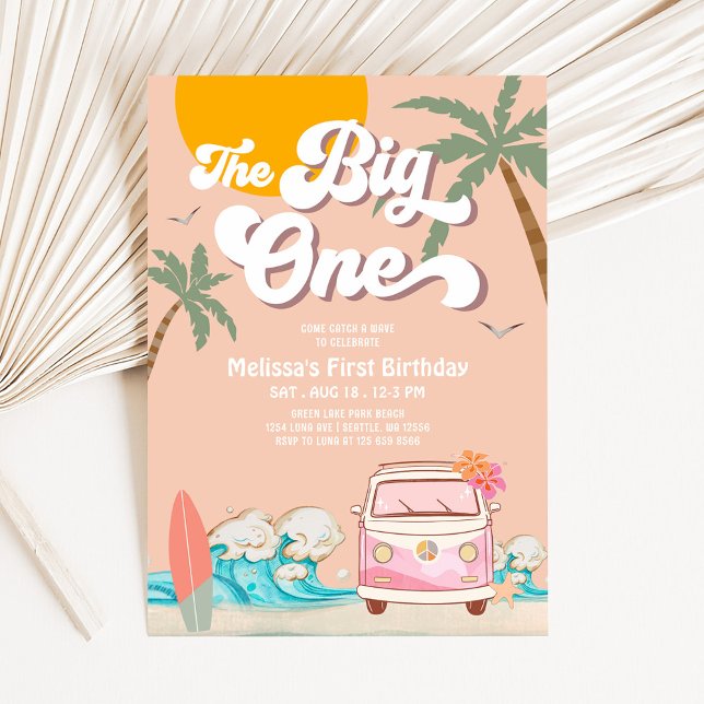 Retro Girl The Big One Surfing 1st Birthday Party Invitation (Creator Uploaded)