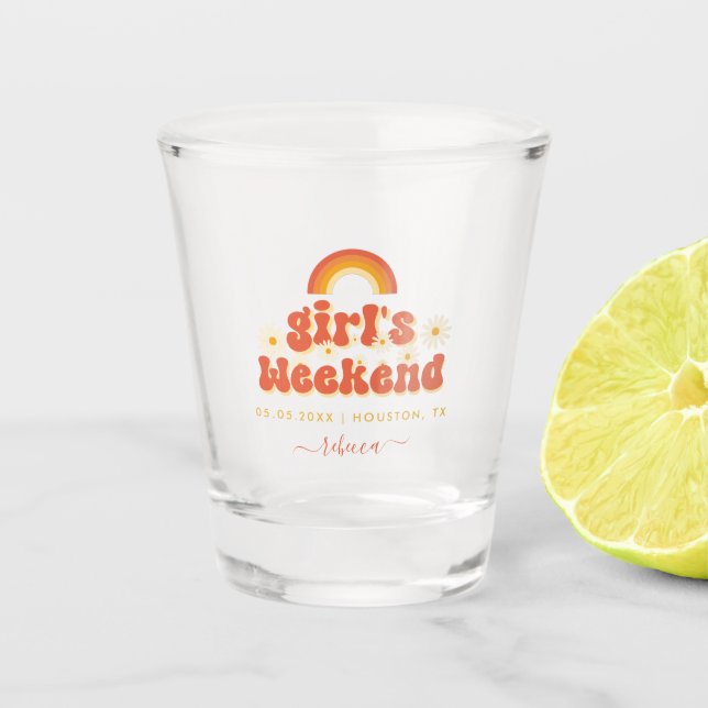 Retro Girl Weekend Personalised Bachelorette Favou Shot Glass (Front)