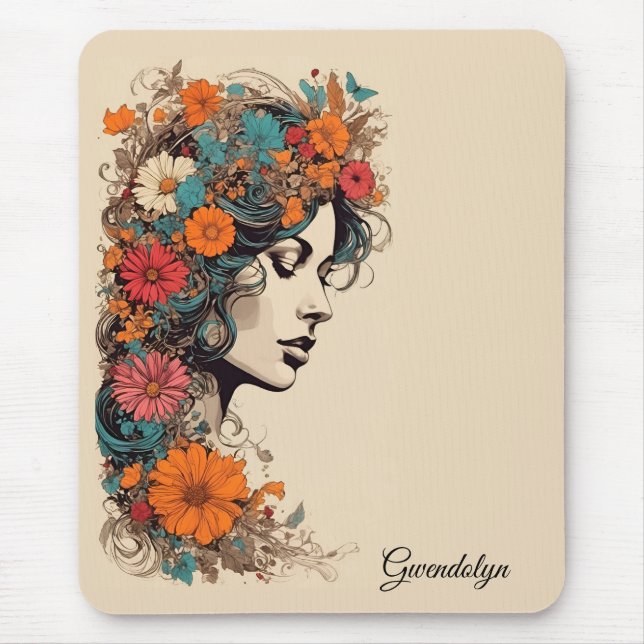 Retro Girl with Flowers in her Hair Mousepad (Front)