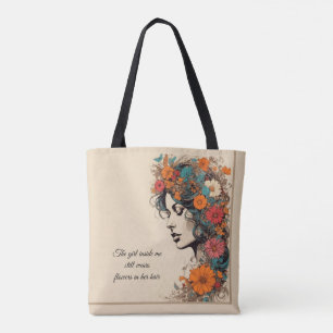 Retro Girl with Flowers in her hair Tote Bag