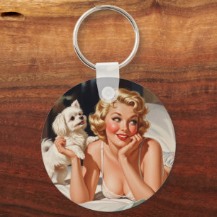 Retro Girl with Maltese Dog 50's Pin-up Art Key Ring