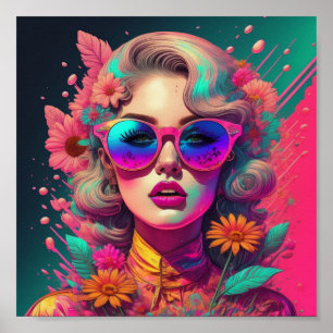 Retro girl with sunglasses and flowers poster