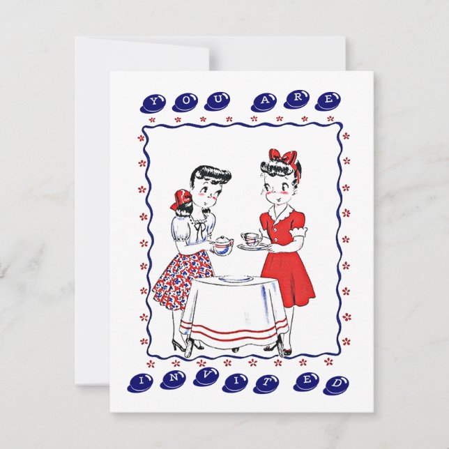 Retro Girls Hosting A Tea Party Social Invitation (Front)