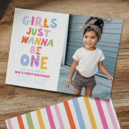 Retro Girls Just Wanna Be One Photo 1st Birthday Invitation