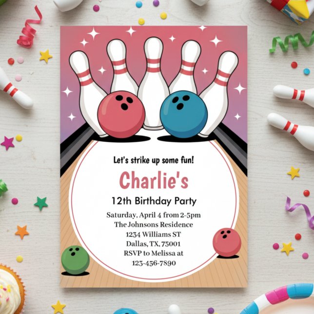 Retro Girls Pink Bowling Birthday Party  Invitation (Creator Uploaded)
