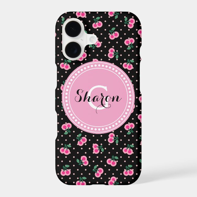 Retro girly black pink cherry patterns monogram (Back)