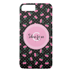 Retro girly black pink cherry patterns monogram Case-Mate iPhone case