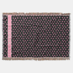 Retro girly black pink cherry patterns monogram throw blanket