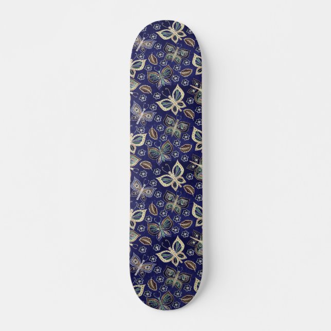 Retro Girly Blue Butterfly Pattern Skateboard  (Front)