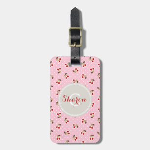 Retro girly pink cherry patterns monogram luggage tag