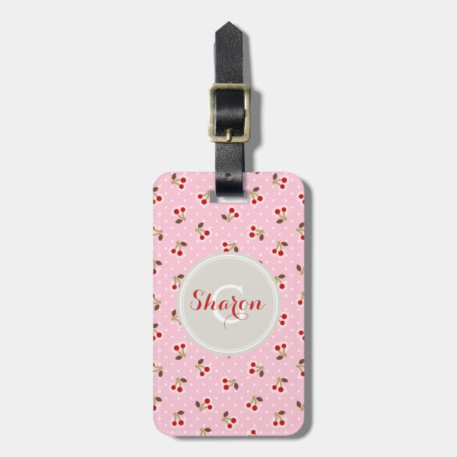 Retro girly pink cherry patterns monogram luggage tag (Front Vertical)