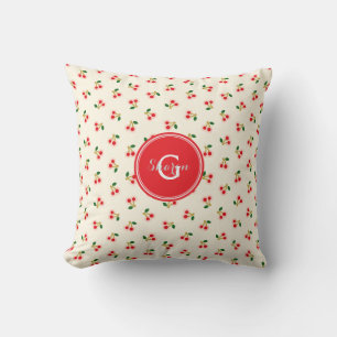 Retro girly red cherry patterns monogram cushion