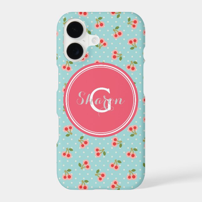 Retro girly turquoise cherry patterns monogram (Back)