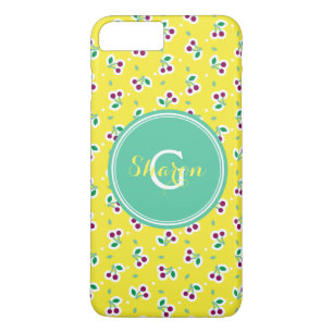 Retro girly yellow green cherry pattern monogram Case-Mate iPhone case