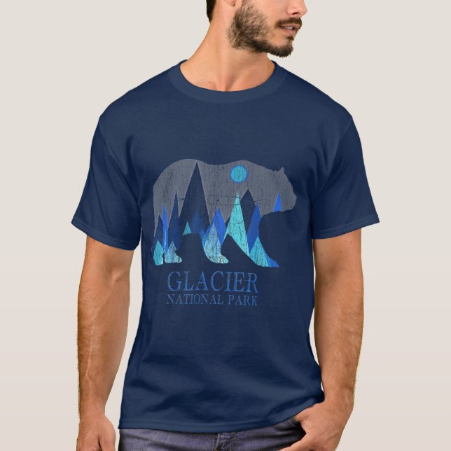 Retro Glacier Grizzly Bear Glacier National Park T-Shirt (Front)