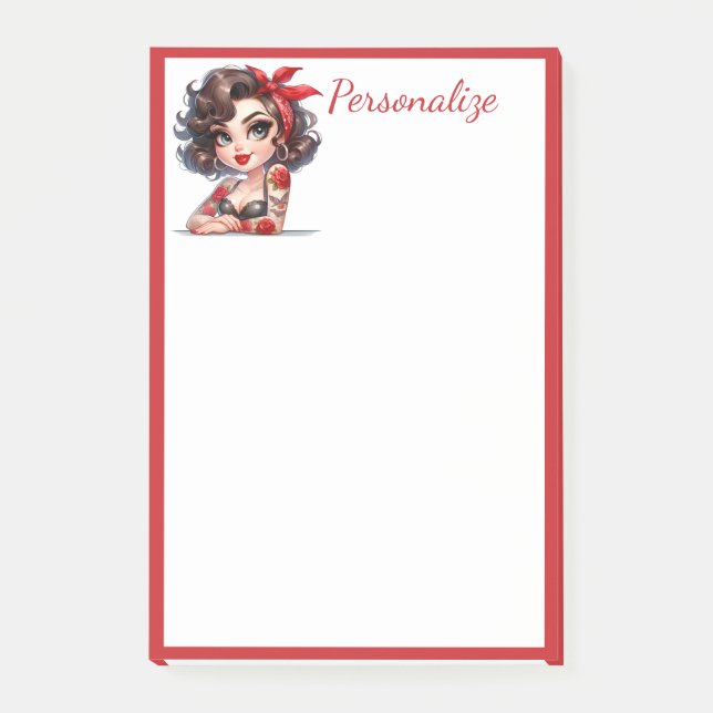 Retro Glam Girl Rose Tattoo Red Border Personalise Post-it Notes (Front)